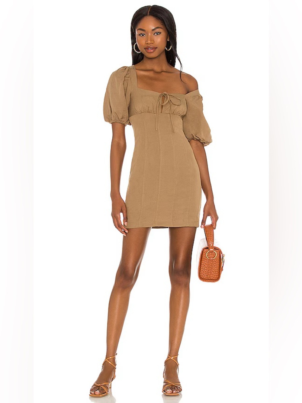 Lovers and Friends Steph Mini Dress Tan Puff Sleeve Linen Blend Small